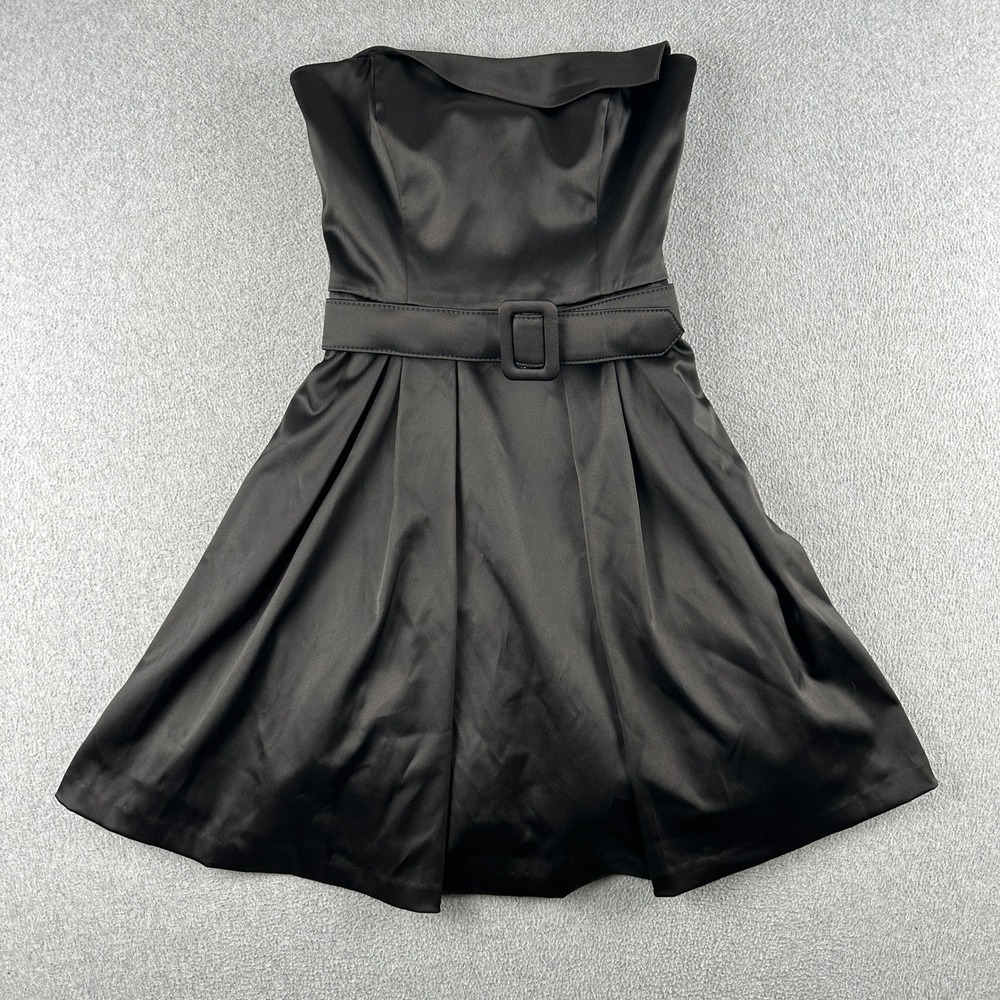 White House Black Market Dress Womens 2 Strapless Belted Black Satin Cocktail
